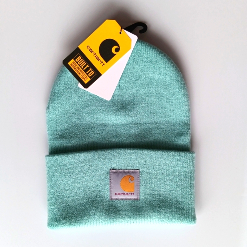 Carhartt Watch Ribbed Cuff Beanie Light Aqua One Size A18 Minimalist Logo